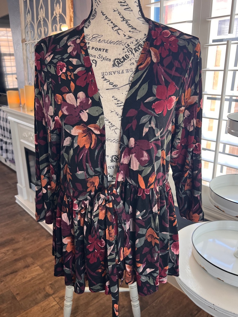 Floral Tie-Front Women's Dress - Black with Burgundy & Rust Floral